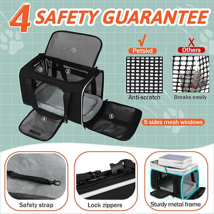 Petskd Small Pet Carrier with Wheels (17" L x 11" W x 9.5" H), Alaska Airlines Approved, Rolling Pet Carrier for Small Dogs & Cats (Black)