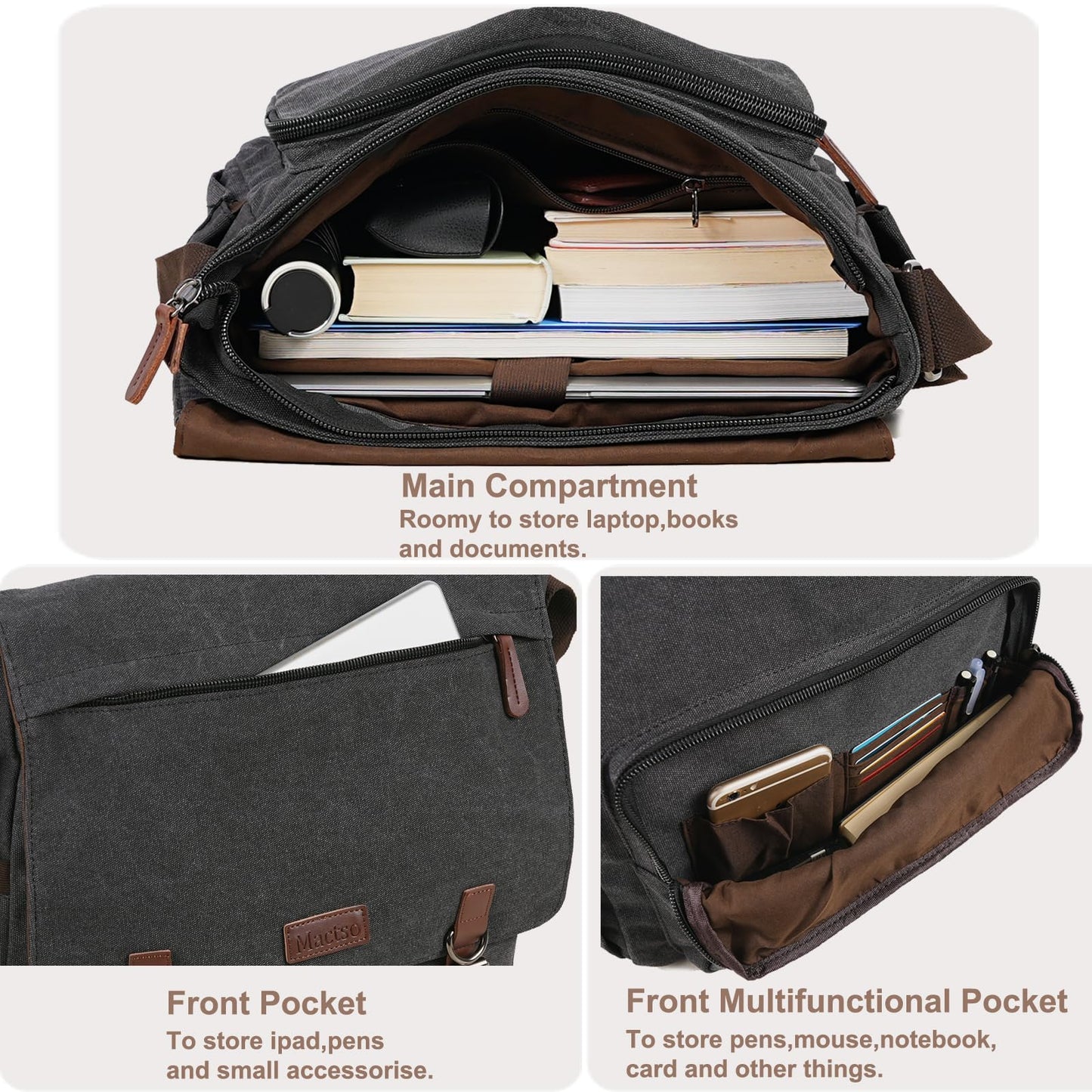Mactso Vintage Messenger Bag 15.6 Inch Laptop for Men Women, Large Travel Crossbody Shoulder Purse with Luggage Strap,Canvas Briefcase Work Office College (Black-Upgrade)