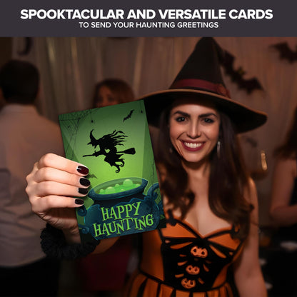 Decorably 24 Pack 4x6in Happy Halloween Cards with Envelopes and Stickers, 8 Spooktacular Designs for Kids & Adults - Blank Inside, Trick-or-Treat Bags, Gifting, Mailing