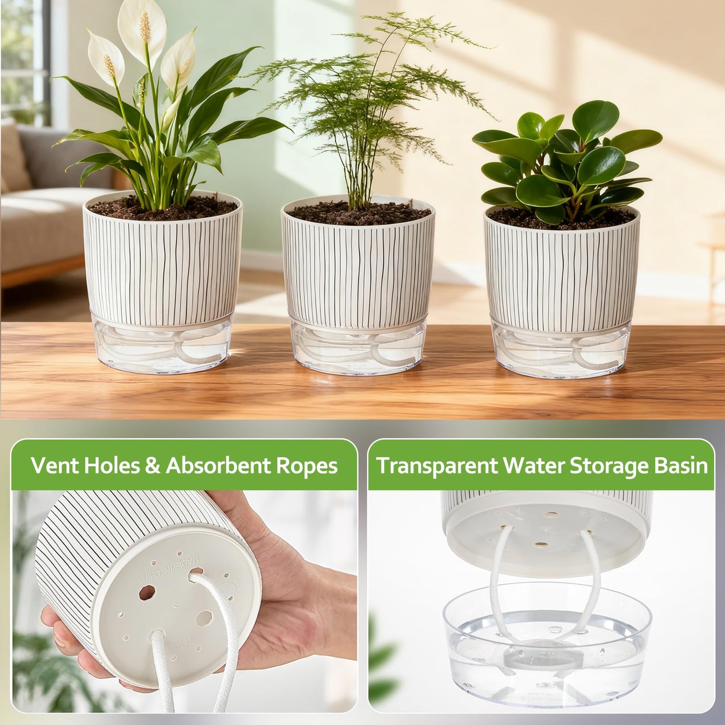 CWYEYE 3 Pack Self Watering Pots Set, 4 Inch Self Watering Pots for Indoor Plants, Planter Pot with Wick Rope and Reservoir for African Violet, Spider Plant, Orchid