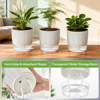 CWYEYE 3 Pack Self Watering Pots Set, 4 Inch Self Watering Pots for Indoor Plants, Planter Pot with Wick Rope and Reservoir for African Violet, Spider Plant, Orchid