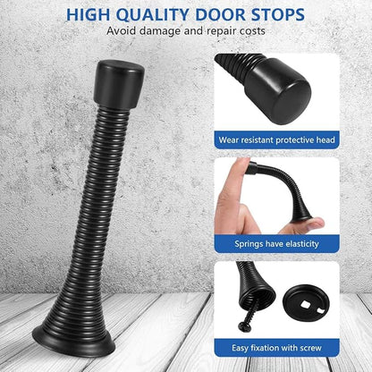 KISEER 12 Pack Spring Door Stops 3 1/4 Inch Flexible Heavy Duty Spring Door Stopper with RustProof Screw Rubber Bumper Tips (Black)