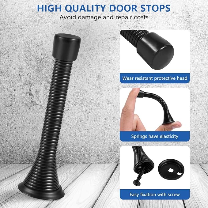 KISEER 24 Pack Spring Door Stops 3 1/4 Inch Flexible Heavy Duty Spring Door Stopper with RustProof Screw Rubber Bumper Tips (Black)