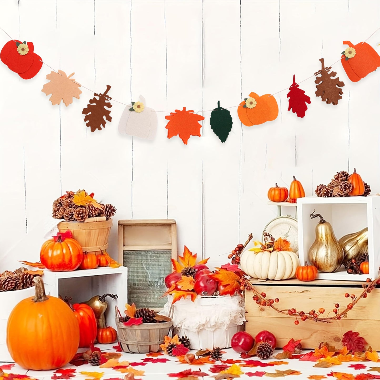 Felt Pumpkin and Leaves Garland – Fall Harvest Banner for Fireplace Mantel, Thanksgiving Party Decorations, Halloween and Autumn Home Decor