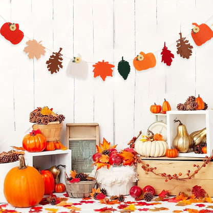 Felt Pumpkin and Leaves Garland – Fall Harvest Banner for Fireplace Mantel, Thanksgiving Party Decorations, Halloween and Autumn Home Decor