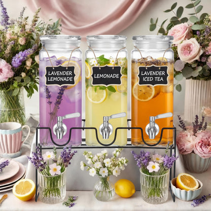 RimCereal 3 Pack 80 oz Tall Glass Drink Dispenser with Stand, Lid, Label and Stainless Steel Leakproof Spigot Beverage Water Dispenser Clear Mason Jar for Party Fridge(Square)
