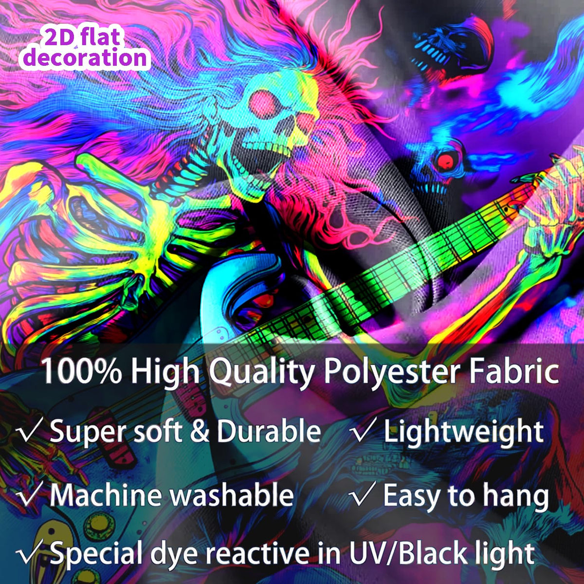 BSFHH Black Light Tapestry – UV Reactive Glow in the Dark Wall Hanging, Spooky Night Scene with Ghosts & Pumpkins, Haunting Home Decor for Parties, Bedroom, or Dorm (Guitar, 79L x 59W, Unframed)