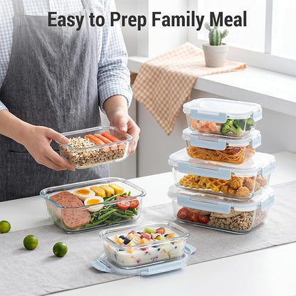 Dealusy 10 Sets (20-Piece) 4.5 Cup & 1.5 Cup Glass Food Storage Containers with lids, Airtight Leak-proof Glass Meal Prep Containers with Lids, Microwave Oven Freezer Dishwasher Safe, Blue
