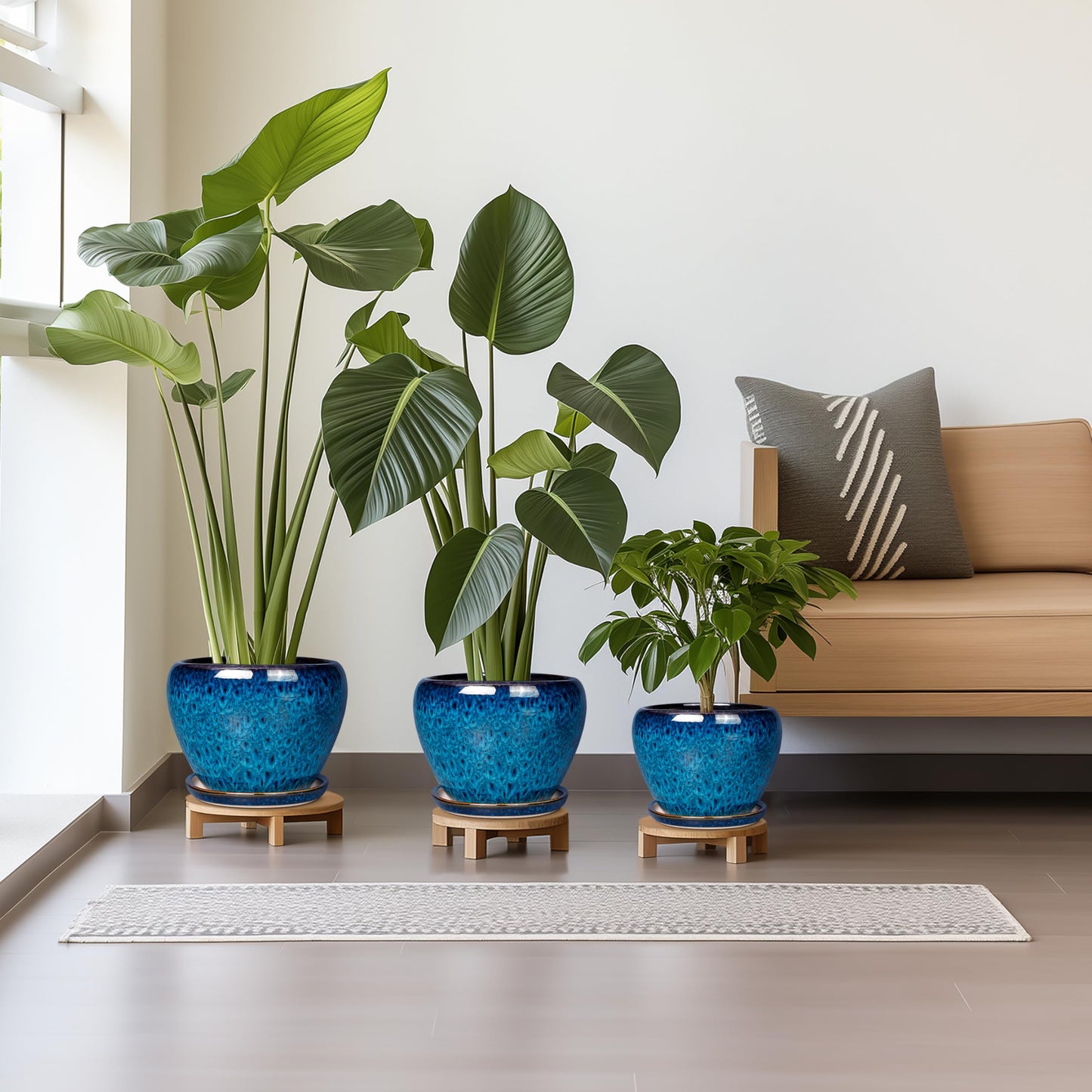 EPFamily Ceramic Plant Pots Indoor, 10 Inch 8 Inch 6 Inch Round Planters Pots for Indoor Outdoor Plants, Modern Large Flower Pots with Drainage Holes and Saucers, Set of 3, Blue