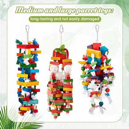 Seenelling 3 Pcs Extra Large Bird Parrot Toy Multicolored Natural Wooden Parrot Cage Chewing Toys for Large Medium Macaws Cockatoos African Grey Birds (Block and Rope)