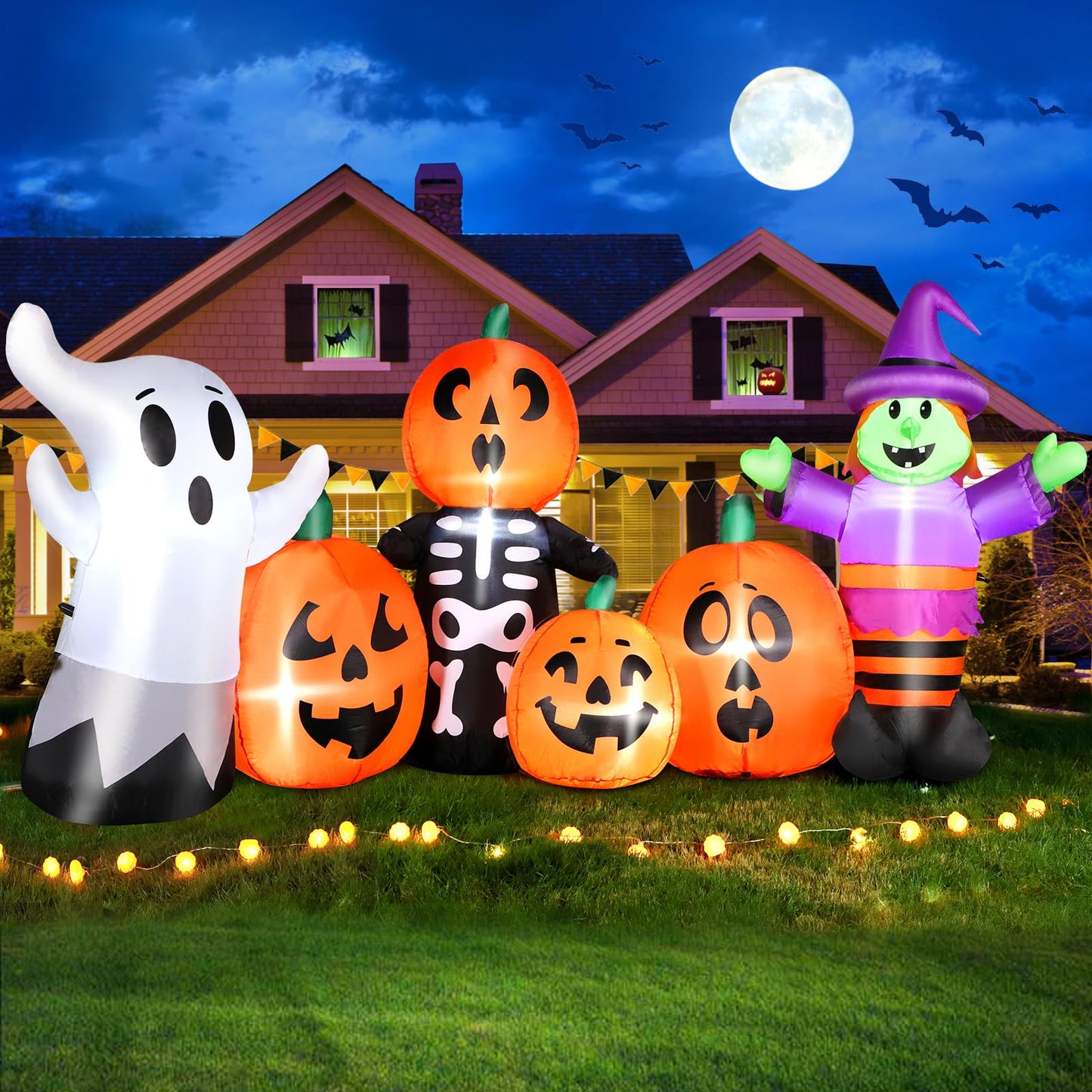 8 FT Length Halloween Inflatables Pumpkin Outdoor Decoration, Witch, Ghost, with Blow Up Pumpkin Inflatables Decorations Built-in LED Lights & Powerful Air Blower for Party Garden Halloween Decor