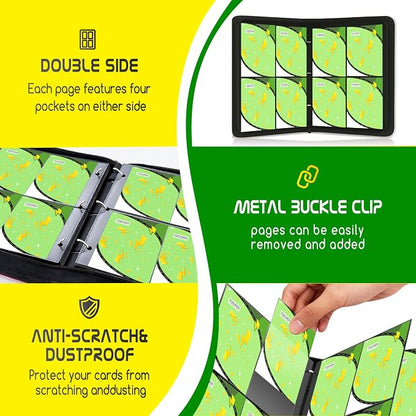 Trading Card Binder 4 Pocket,400 Pocket Card Collection Binder with 50 Removable Sleeves,PU Waterproof Top Card Book,3-Ring Zipper Collectible Trading Card Album for MTG/TCG/Card Holder Gift（Green）