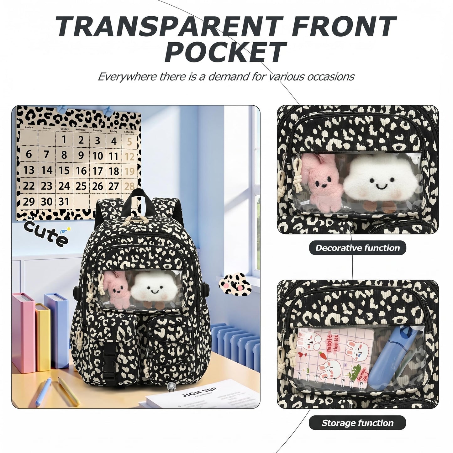 Pepailug School Backpack for Girls Boys with Lunch Box and Pencil Case, 3PCS Corduroy Kids Bookbag Set for Elementary Middle High School Bag with Travel Daily Use (Leopard Black)