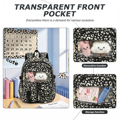 Pepailug School Backpack for Girls Boys with Lunch Box and Pencil Case, 3PCS Corduroy Kids Bookbag Set for Elementary Middle High School Bag with Travel Daily Use (Leopard Black)