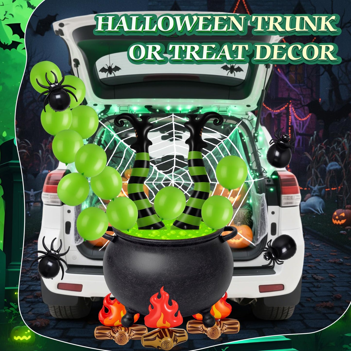 Soulchen 32 Pcs Halloween Witch Trunk or Treat Car Decor Kit Witch Cauldron Banner Inflatable Legs Fake Campfire Camping Balloon Prop Yard Halloween Wizard Garage Trunk or Treat Car Supplies(Green)
