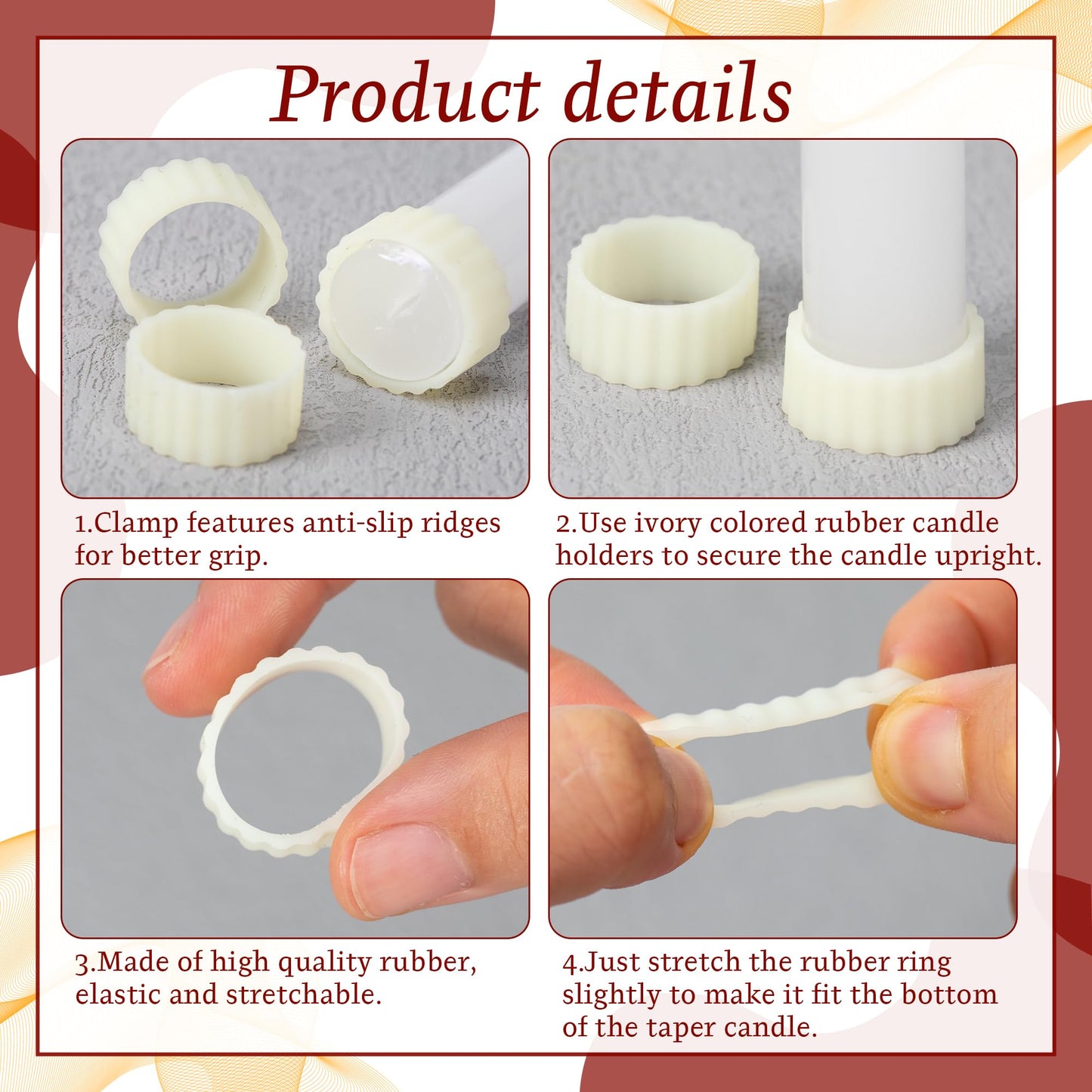 Funria 100Pcs Silicone Taper Candle Grippers Non-Slip Candle Holder Adapter Candle Drip Protectors,Vertical-Fixing Silicone Candle Rings,Decorative Stabilizer for Tapers and Candles