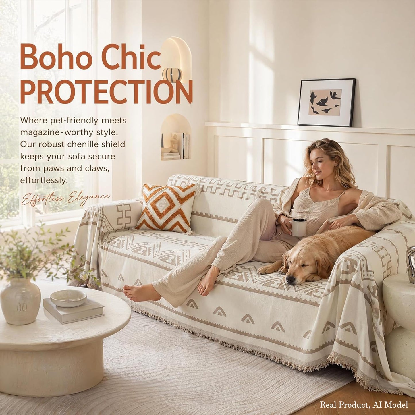 UWWGKK Boho Couch Cover for Dogs, Reversible Chenille Sofa Blanket with Tassels, Heavy Duty Geometric Slipcover for Loveseat, Recliner & L-Shaped Sectional, Beige/Brown, 71"x165"