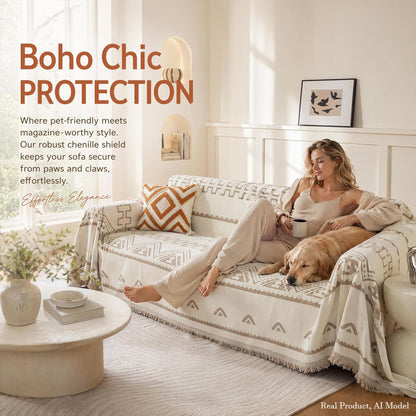 UWWGKK Boho Couch Cover for Dogs, Reversible Chenille Sofa Blanket with Tassels, Heavy Duty Geometric Slipcover for Loveseat, Recliner & L-Shaped Sectional, Beige/Brown, 71"x165"