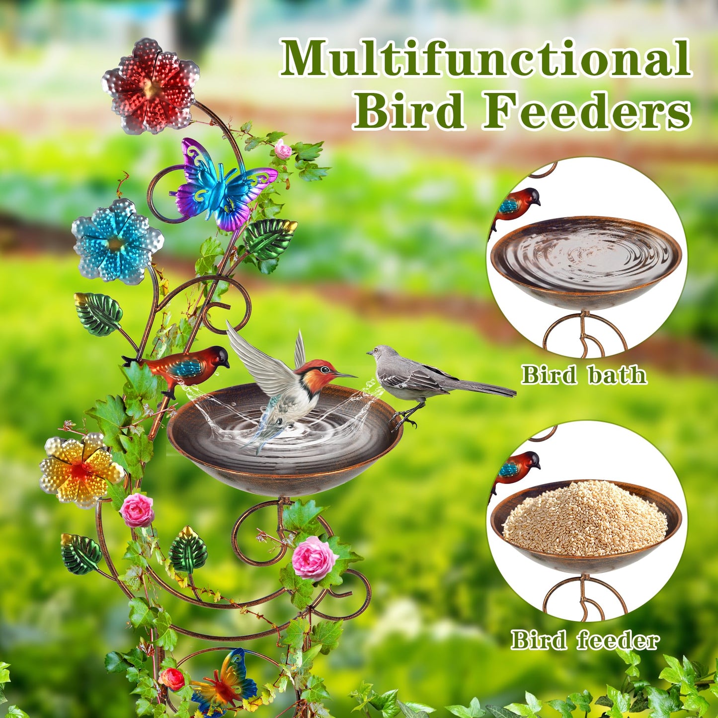 YADOOLIFE 57” Bird Bath with Garden Trellis for Climbing Plants Outdoor, Small Decorative Trellises Metal Birdbath Bird Baths, 1 Piece (Butterfly)