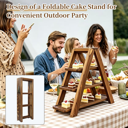 Large Wooden 3 Tier Swing Cupcake Stand with Flower Decor, Removable Trays, Foldable Ladder Display for Cake, Snacks, Fruit, Bread, Party & Catering Centerpieces