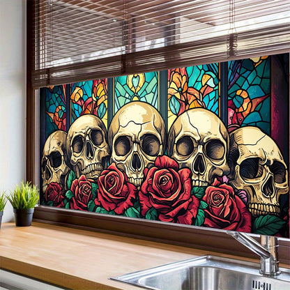 HOMETITUTE Skull Window Film 39.3x17.7 Inch Gothic Skull Window Sticker Halloween Skull Decoration Rose Windows Cling for Haunted House Day of The Dead Horror Windows Glass Cover