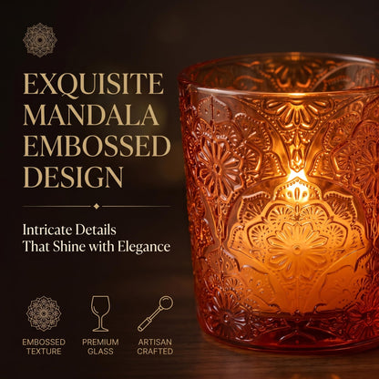 6 Pack Mandala Embossed Glass Candle Holders – Votive Tealight Holders with Patent Design, Decorative Embossed Glass Cups for Wedding Centerpieces, Parties, and Home Décor (Pumpkin Spice)