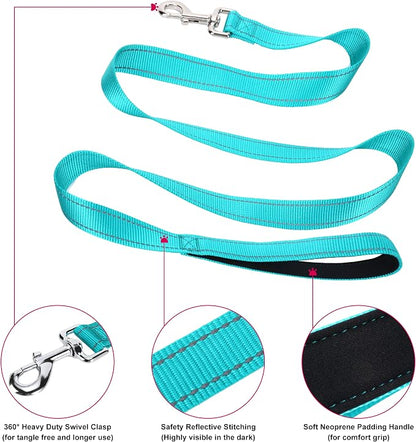 Durable Reflective Dog Collar and Leash Set with Double Layer Nylon, Soft Neoprene Padded Dog Collar with 5ft Strong Pet Leash Easy for Medium Large Dogs Walking,Teal,Neck fit 14.0-23.5’’