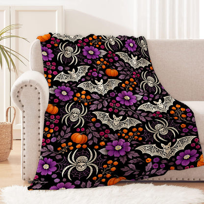 cromcu Halloween Bat Blanket Soft Lightweight, Gothic Spider Pumpkin Floral Flannel Throw Blankets for Bed Sofa Office RV Travel Bathroom Home Spooky Purple Decor, Goth Lovers Gifts 60"X50"