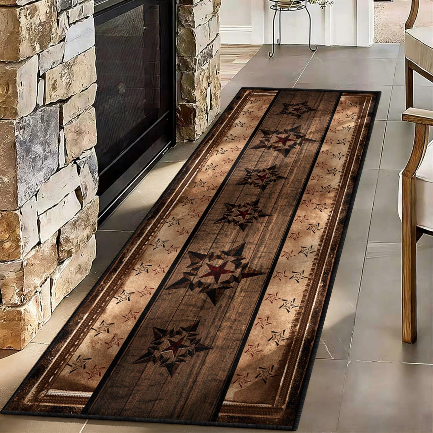 ZLXMN Machine Washable Western Runner Rug,2x6ft,Farmhouse Entrance Runner Rug,Black and Brown Star Hallway Rug Thin Indoor Runner Rugs with Rubber Backing Floor Mat Suitable for Kitchen Bedroom
