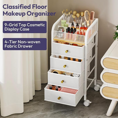SWTYMIKI Rolling Makeup Organizer Cart - Under Desk Vanity Makeup Storage with 4 Non-woven Drawers, Nail Cart Organizer Cosmetic Display Cases Cabinet for Skin Care Perfume Nail Polish Brush Hair Tool