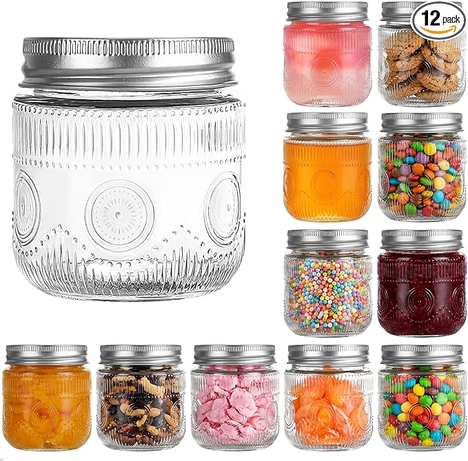 Amzcku 8 oz Vintage Mason Jars with Lids, Regular Mouth Canning Jar, Safe For Storage, Canning, Pickling, Preserving, Fermenting, DIY Crafts & Decor 12 Pack