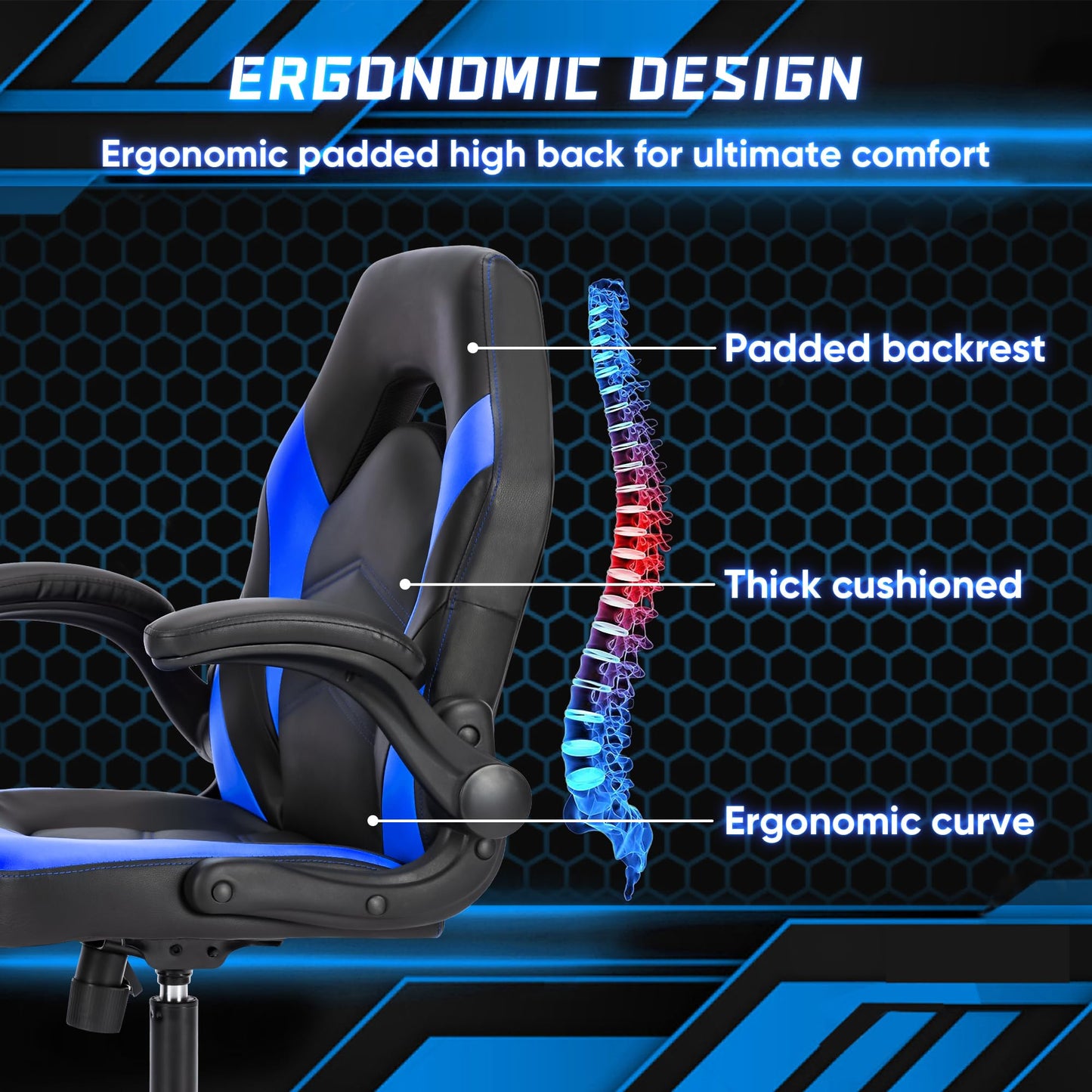 OLIXIS Computer Gaming Chair - PU Leather Ergonomic Lumbar Support with Flip-up Armrest and 360° Swivel Wheels, Height Adjustable Task Home Office Desk Video Racing, Blue