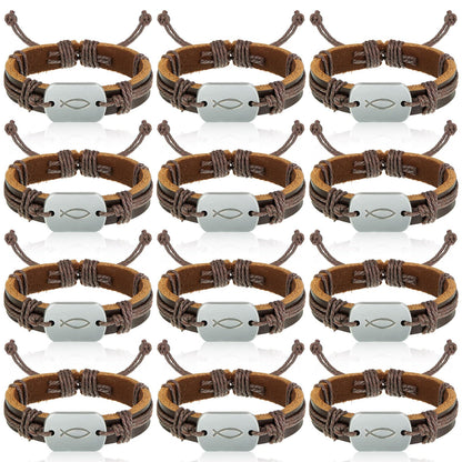 Landical 12 Pcs Fish Bracelet for Men First Communion Confirmation Gifts Men's Leather Wrap Fish Bracelet for Jesus Christian Charms Fishers Bracelets Bulk for Women