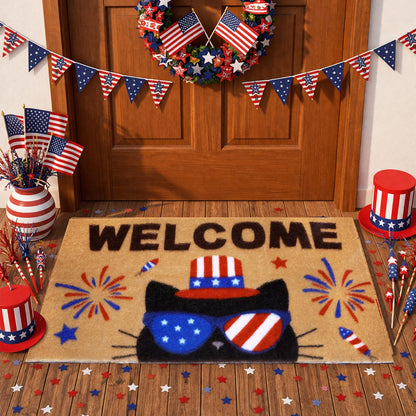 Prewplam 4th of July Patriotic Welcome Doormat- Black Cat 250th Anniversary America Coir Doormat, Front Rubber Non Slip Backing Mats for Outdoor Entryway Entrance Porch Patriotic Decor,73 x 43