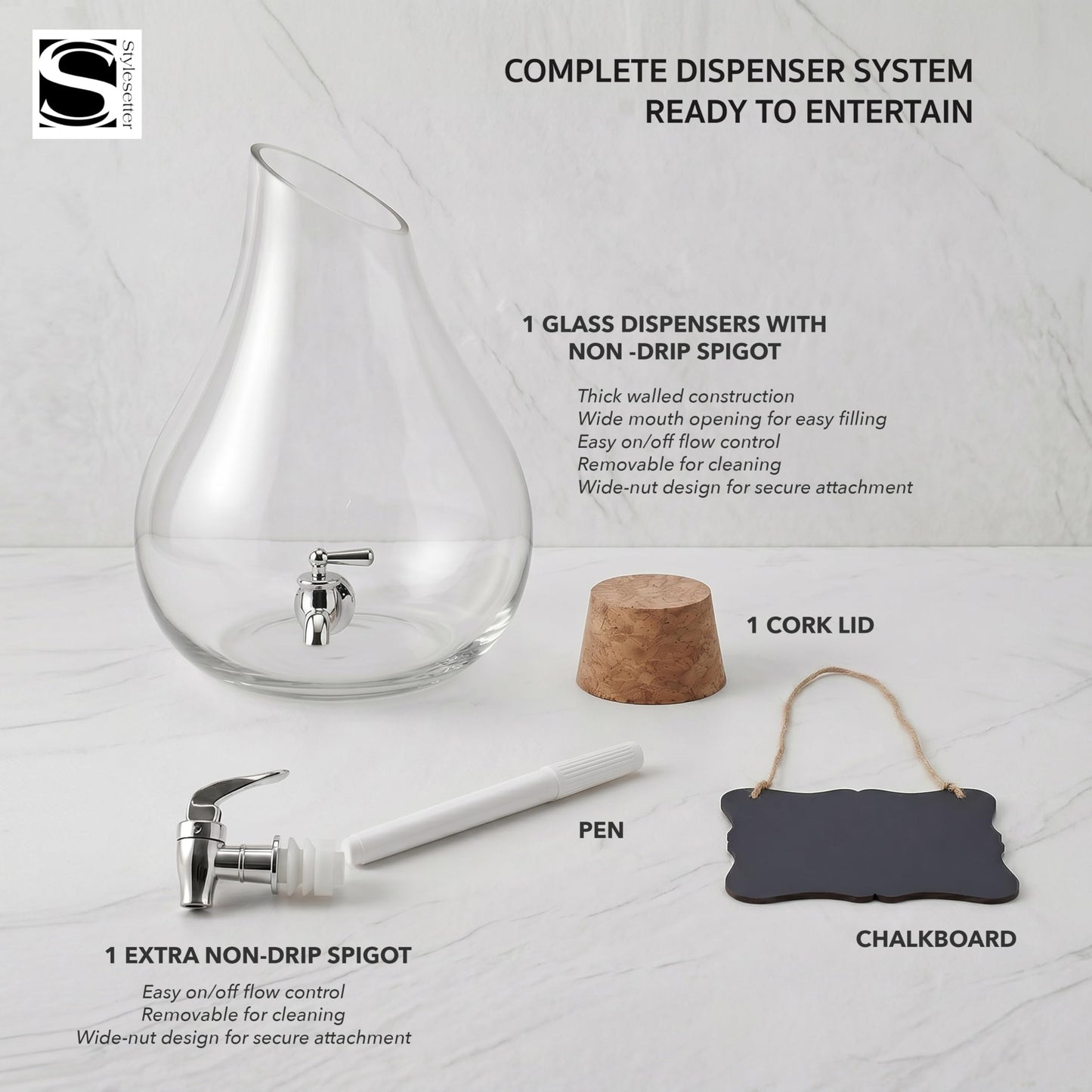 Style Setter Beverage Dispenser Cold Drink Dispenser Glass Jug, Metal Stand & Leak-Proof Acrylic Spigot Great for Parties, Weddings & More (2.5 Gallon, Glass with Cork Lid)
