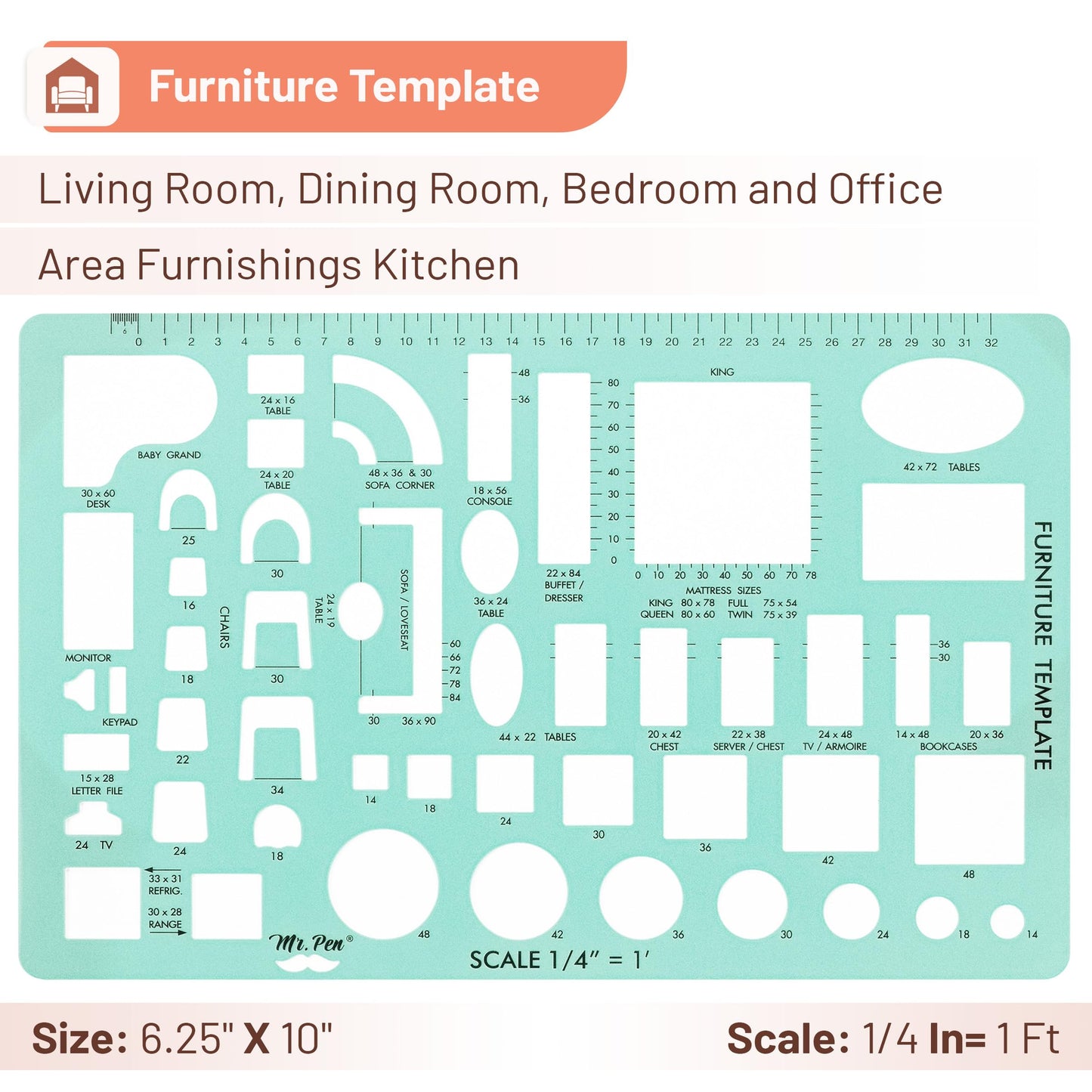 Mr. Pen- House Plan, 3 pcs, Interior Design and Furniture Templates, Clear Flexible Plastic, Drafting Tools, Ruler Shapes for Architecture, 1/4 Inch Scale, Kitchen, Bath, Bedroom, Office, Living Room