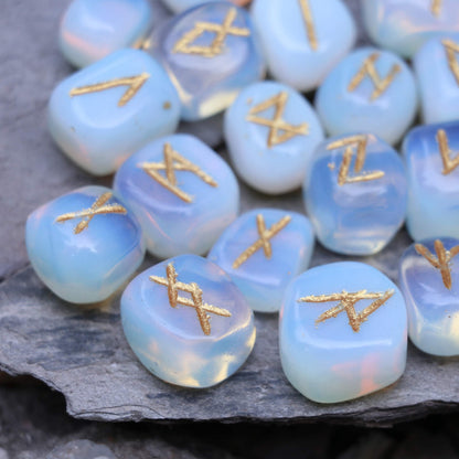 Crocon Oplaite Rune Stones Set with Elder Futhark Alphabet Engraved Symbol for Energy Genrator Chakra Balancing EMF Protection Home Office Decorative Stone Size :- 15-20 mm Approx