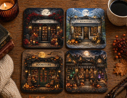 Halloween Bookstore Scene Coaster Set – Gothic, Spooky, Pumpkin and Witchy Bookshop Art for Cozy Autumn Decor (October Bookstore)