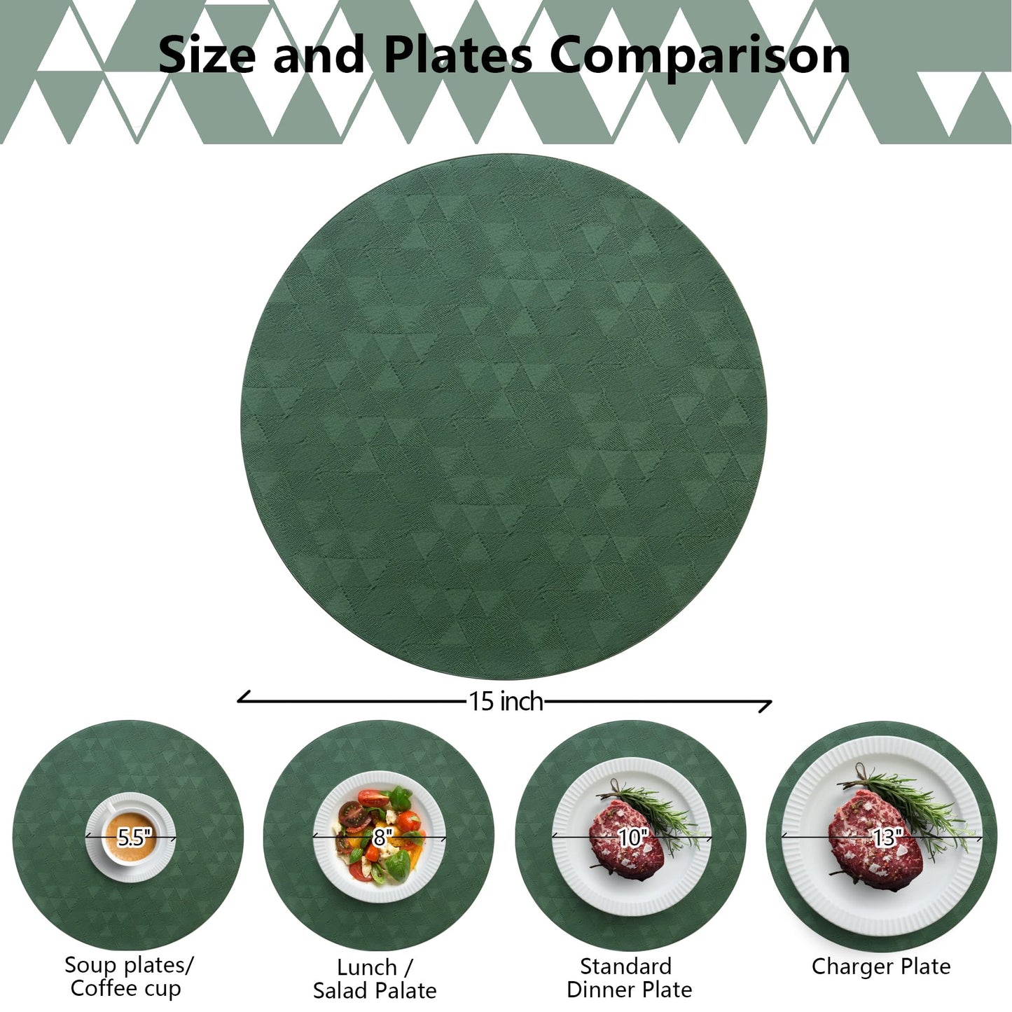 Jovono Upgraded 15" Round Placemats Set of 8, Waterproof & Oil-Proof, Non-Slip Reversible Washable Big Table Mats, Spill-Proof for Kids Families, Restaurant, Hotel, Kitchen, Indoor, Green