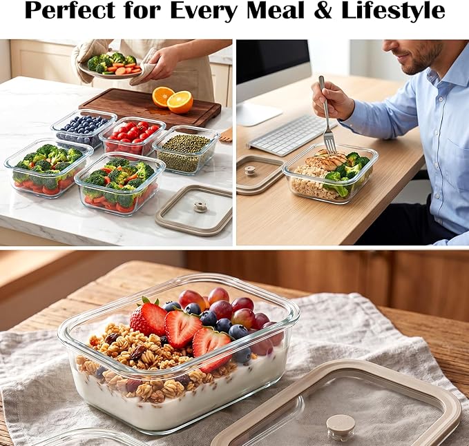 4 Pack Glass Meal Prep Containers Set with Glass Lids, Plastic-Free Glass Food Storage Containers, Multi-Size Glass Food Prep Containers for Lunch, Leftovers, Microwave, Freezer (12, 21, 35, 50 oz)