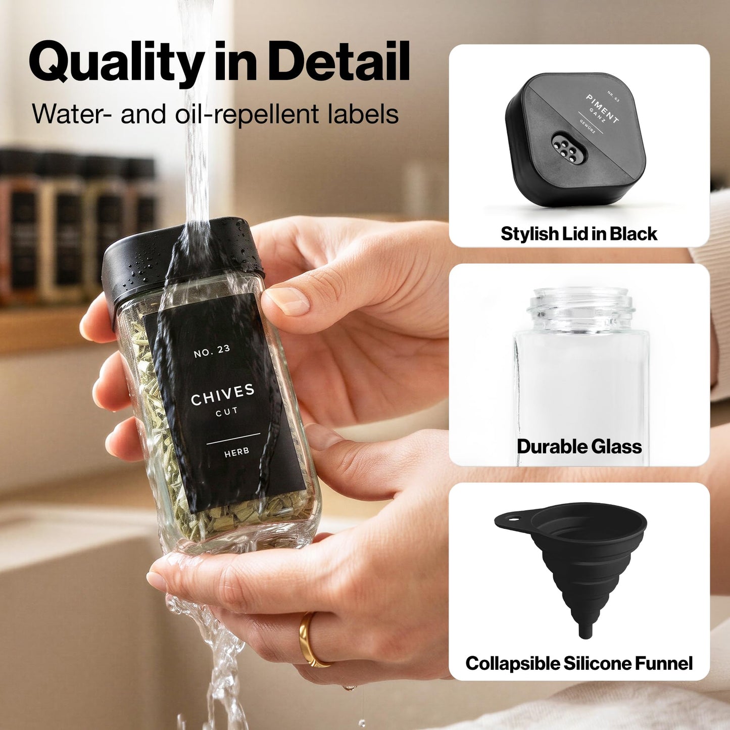EDELHAUS Square Glass Spice Jars with Label and Black Rotating Lids (24 x 4oz) Spice Containers with 240 Labels, Shaker Inserts, Silicone Funnel, Empty Square Empty Square Seasoning Organizer