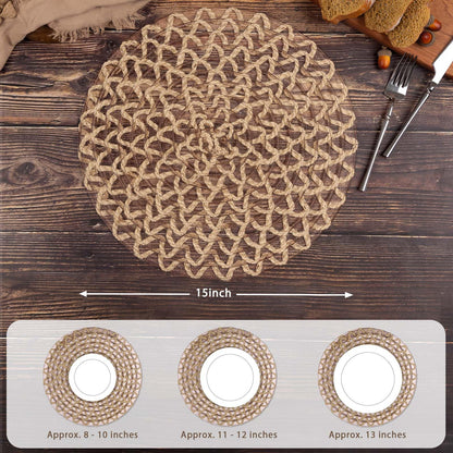 Noctiflorous Round Burlap Placemats Set of 6 Jute Rustic Place Mats for Dining Table Heat Resistant Natural Farmhouse Table Mats Decor (Jute Mesh, 6)