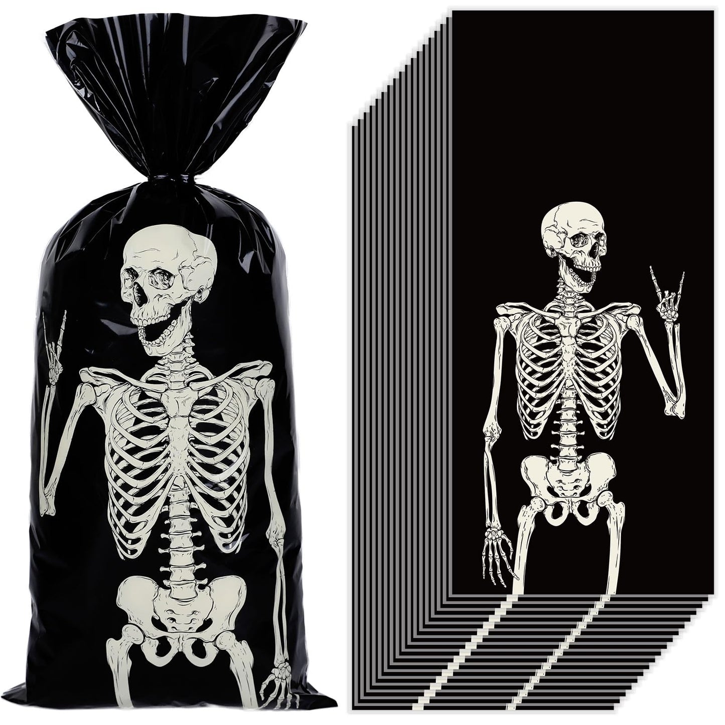 Whaline 150 Pcs Halloween Cellophane Gift Bags with 200 Pcs Twist Ties Funny Skeleton Party Favor Bags Candy Goodie Treat Bags for Trick or Treat Birthday Party Supplies