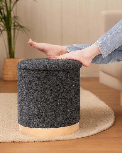 B FSOBEIIALEO Ottoman with Stroage, Round Boucle Storage Ottoman with Gold Plating Base,Foot Rest Stool for Dorm Room, Living Room Dark Grey, 14.76"x14.76"x16.34"