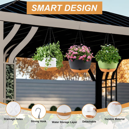KPUVX 10 inch Plant Pot Hanging Planters Self Watering Pots for Indoor Plants, 3 Pack Plastic Hanging Basket with Removable Tray for Home Garden Porch Balcony Patio Decor(Black)