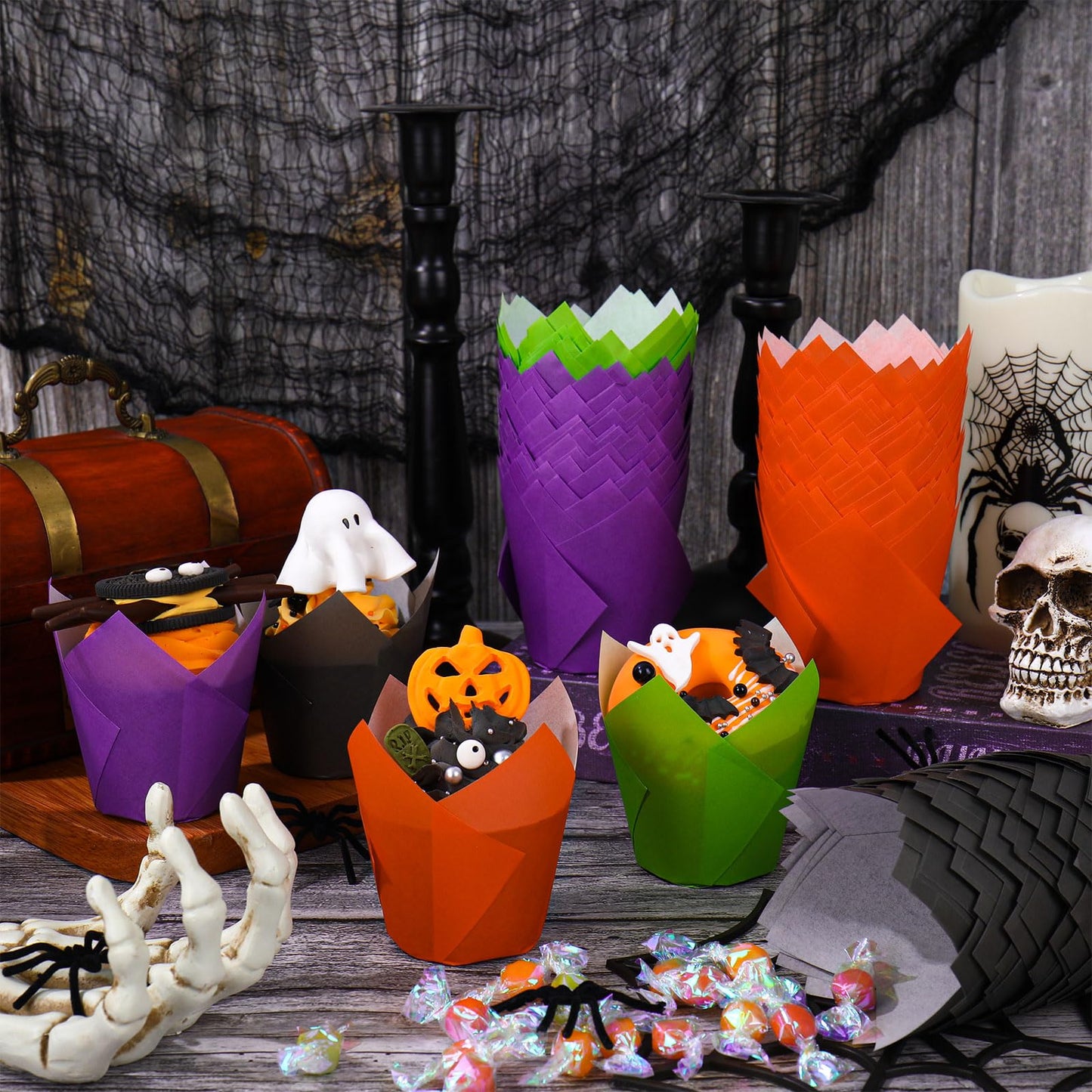 Whaline 200Pcs Halloween Tulip Cupcake Liners Black Orange Purple Green Tulip Baking Cups Muffin Cupcake Wrappers for Party Supplies Table Decor