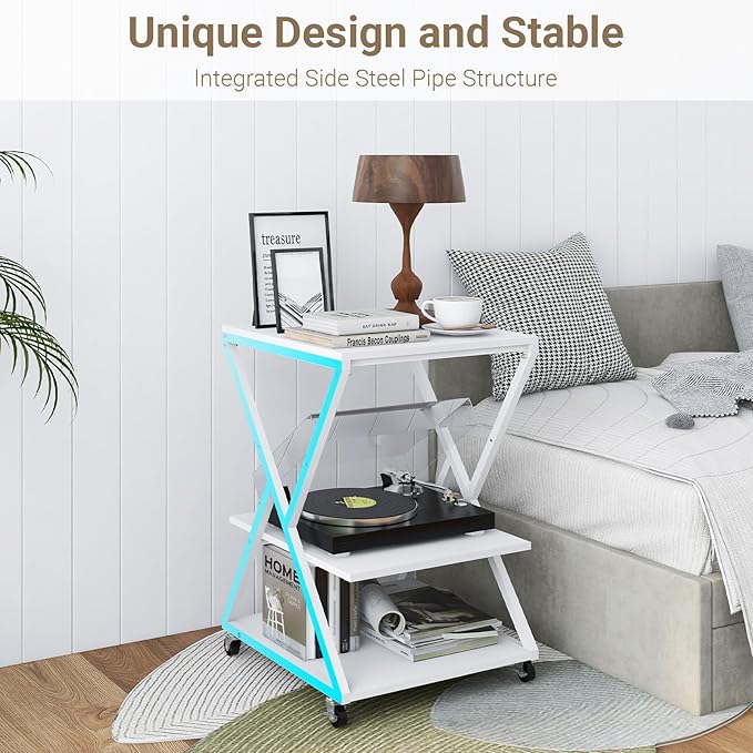 Natwind 3 Tier Printer Stand, 19.7''x19.7'' Large Printer Table with Height Adjustable Shelf, Rolling Printer Cart with Wheels,Multifunctional Organizer Shelf for Home Office Kitchen（White）