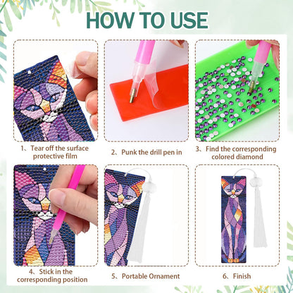 8 Pcs Cat Diamond Art Bookmarks Kit, 5D DIY Diamond Painting Bookmarks for Adults & Beginners, Stained Glass Cat Design Arts and Crafts
