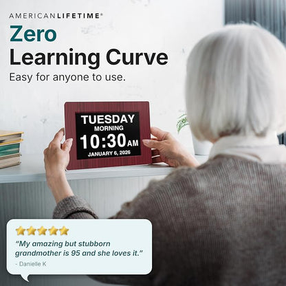 American Lifetime New 2026 Dementia Clock Large Digital Clock for Seniors, Alzeimer Clock Large Display with Custom Alarms, Clock with Day & Date for Elderly, Digital Calendar Premium Mahogany 12"
