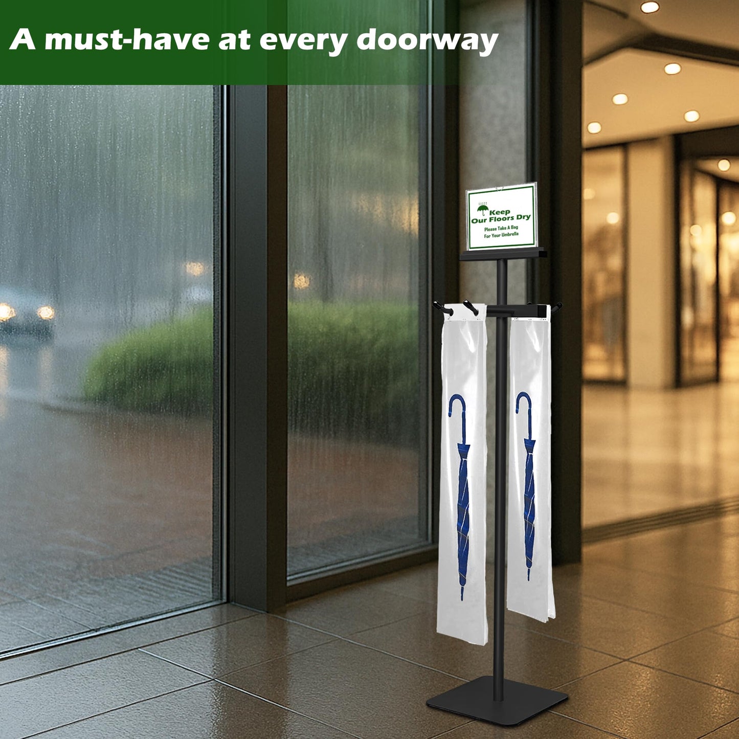 Montex Umbrella Bag Stand, Wet Umbrella Bags Stand with Free 210 Disposable Large Plastic Umbrellas Bags, Black